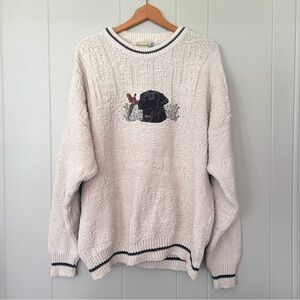 Vintage 90’s Crewneck Chunky Knit  Embroidered Black Lab Dog Sweater Size XL